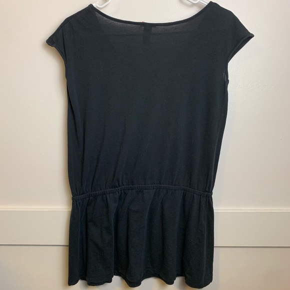 DownEast Black Short Sleeve Shirt With Ruffle Front and Cinched Waist - Picture 2 of 5
